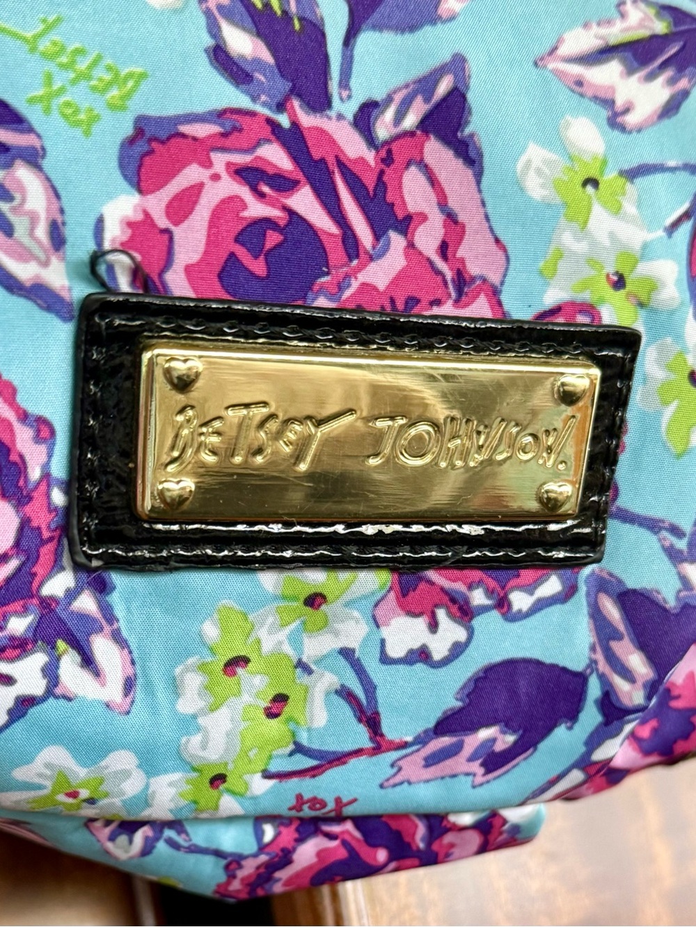 Betsey Johnson Pink and Light Blue Floral Tote with Black Patent Handles - Picture 2 of 5